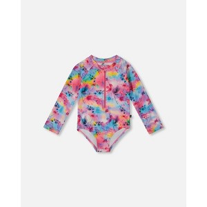 Deux par Deux Girl Printed Long Sleeve Rashguard Butterflies on Multicolored Background - 1 of 4