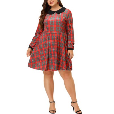 Agnes Orinda Women's Plus Size Long Sleeves Velvet Peter Pan Collar Plaid Dresses