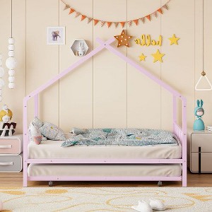 Full-Size Metal Frame House Bed with Included Twin Size Trundle Drawer - 1 of 4