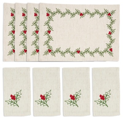 Natural Embroidered Holly Holiday Placemats and Napkins Set