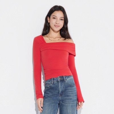 Women's Long Sleeve Asymmetrical Cropped Top - Wild Fable™