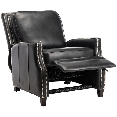 Black Leather Recliner with Wood Legs and Nailhead Trim