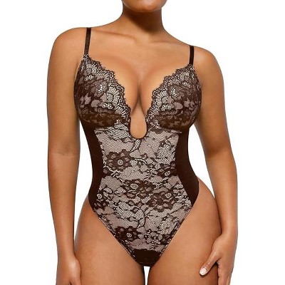 SHAPELLX Shapewear for Women Tummy Control Lace Bodysuit for Women Thong Body Shaper Bodysuit U Plunge Backless BodySuits—Brown 38