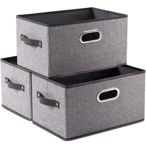 Aoibox Large Foldable Storage Bins Linen Fabric Cubes with Leather Metal Handles Decorative for Closet Nursery Office 3 Pack - 1 of 4