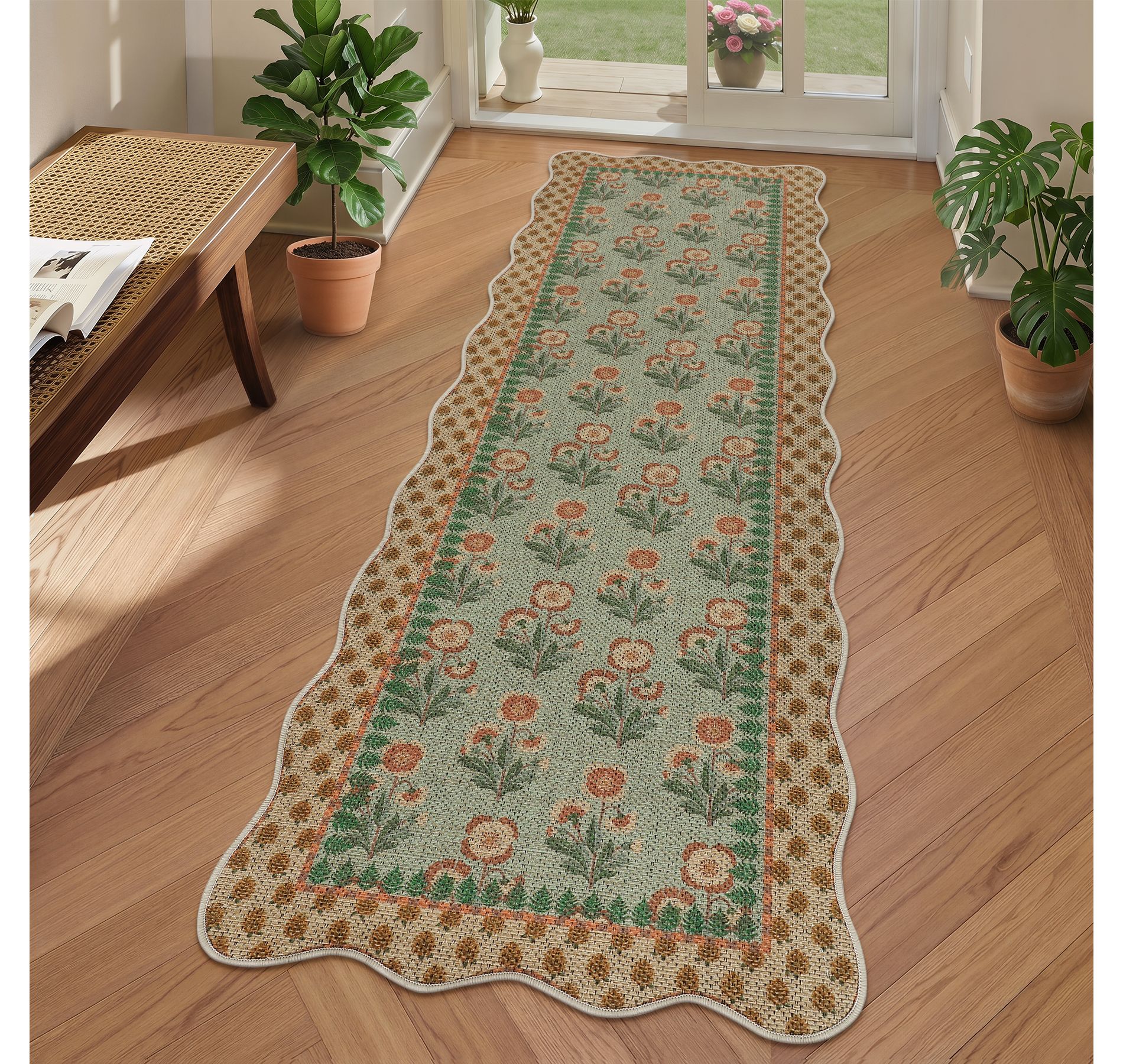 Lantine Scalloped Floral Washable Runner, Non-Slip Outdoor Hallway Rug for Farmhouse Kitchen Entryway Balcony