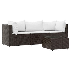 vidaXL 4 Piece Patio Lounge Set with Cushions - Weather Resistant Poly Rattan Furniture with Tempered Glass Tabletop & Comfortable Cushions - Brown - 1 of 4