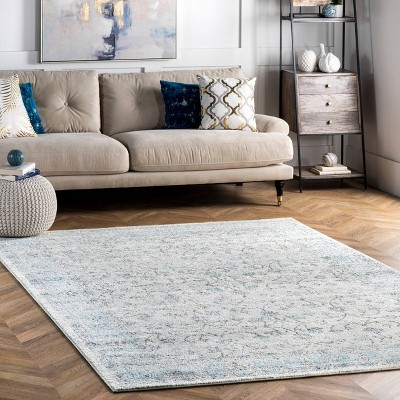 Vintage Aqua Blue Distressed 8' x 10' Synthetic Area Rug