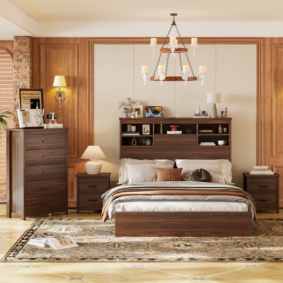 Traditional 4-Piece Queen Bed Set with USB Charging Headboard, 2 Nightstands and 5-Drawer Dresser for Master Bedroom-Cuddlewood