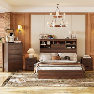 Traditional 4-Piece Queen Bed Set with USB Charging Headboard, 2 Nightstands and 5-Drawer Dresser for Master Bedroom-Cuddlewood - 1 of 4