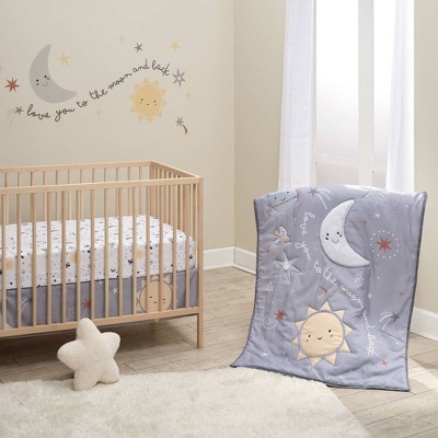 White Hand-Painted Resin Moon and Stars Nursery Lamp with Gray Shade