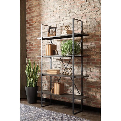Gilesgrove Industrial Black Wood and Metal 4-Shelf Bookcase