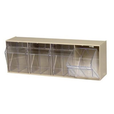 Quantum Storage Systems Tip Out Bin, (4) Compartment, Handle With Label Slot, Opens To A 45° Angle,
