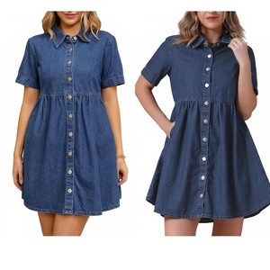 INSPIRE CHIC Women's Denim Short Sleeve Button Down Turndown Collar Babydoll Mini Shirt Dresses 2 Packs - 1 of 4