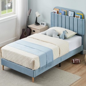 Whizmax Twin Size Bed Frames with Storage Headboard, Velvet Upholstered Platform Bed Frame with Strong Wooden Slats, No Box Spring Needed, Noise Free - 1 of 4