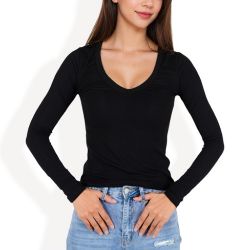 Anna-Kaci Women's Long Sleeve Fitted V-Neck Top with Stretch Fabric for Layering - image 1 of 4