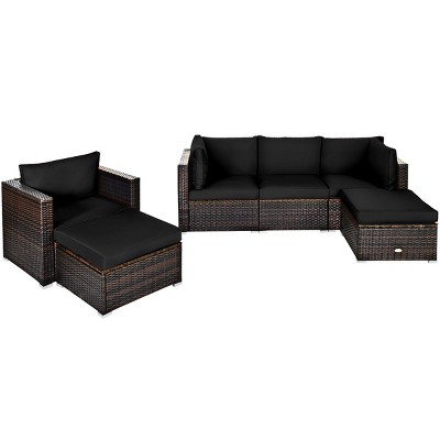 Tangkula 6PCS Rattan Patio Furniture Set Cushioned Sofa Chair Ottoman Turquoise/Red/Navy/Black/White