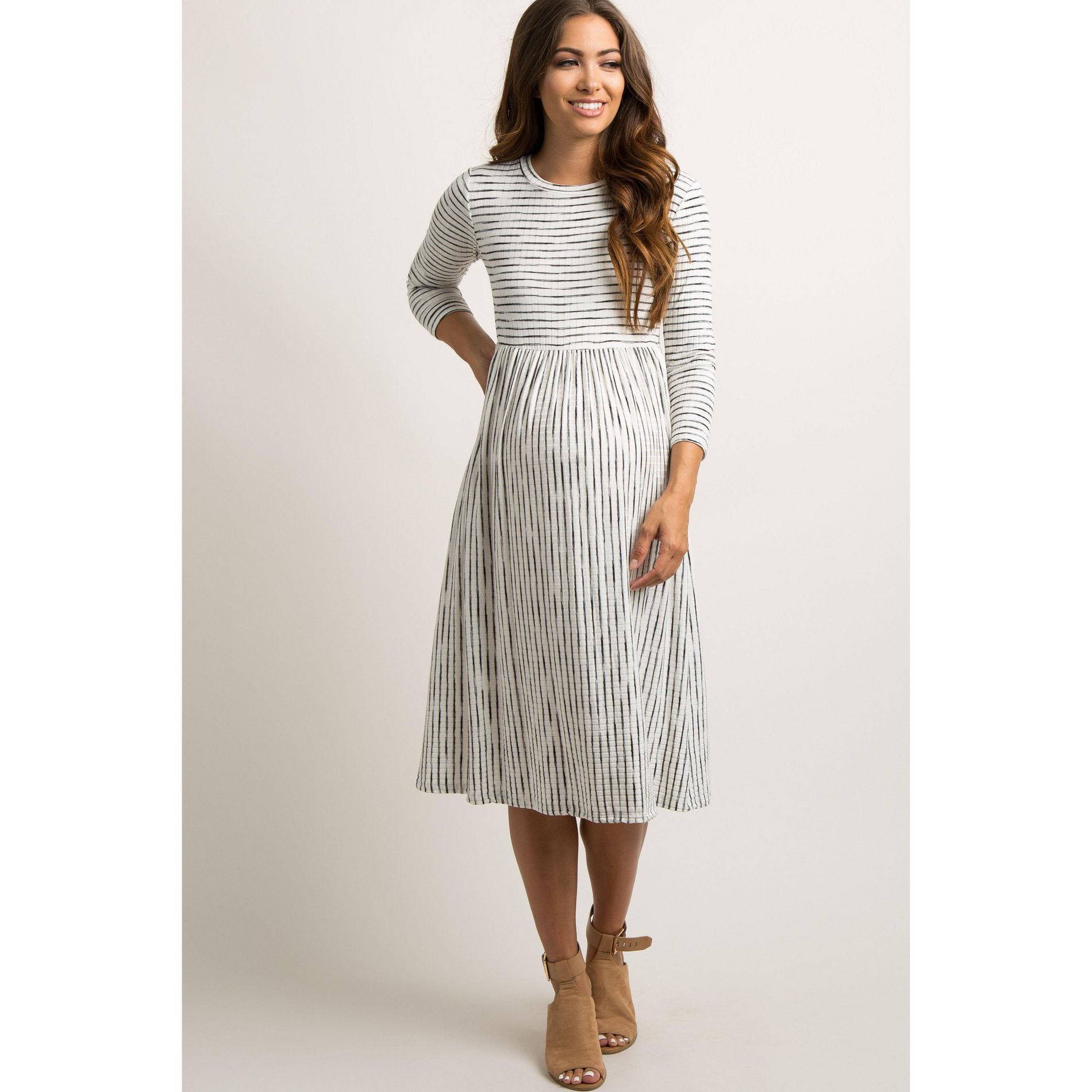 PinkBlush Ivory Ribbed Striped Maternity Midi Dress Ivory Medium