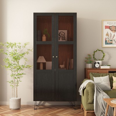 FUFU&GAGA Brown Bookcase Storage Cabinet with Acrylic Doors and Metal Legs