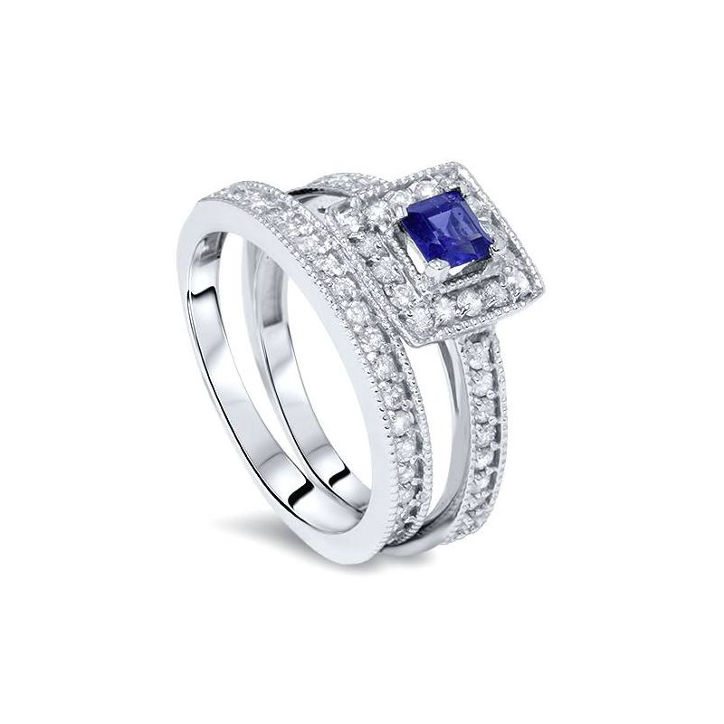 Pompeii3 1ct Blue Sapphire Princess Cut Halo Diamond Ring Set 14K White Gold, 3 of 5