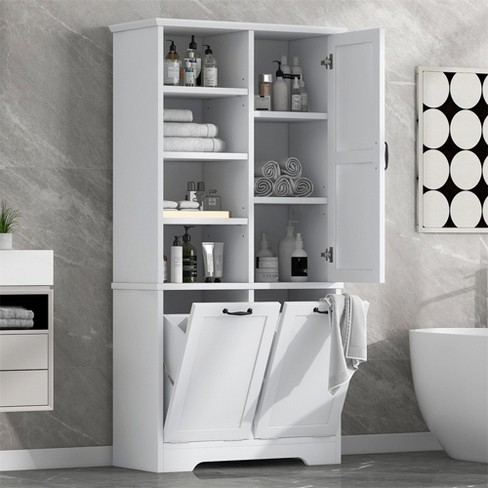 68'' Tall Bathroom Cabinet With Laundry Basket, Bathroom Storage ...