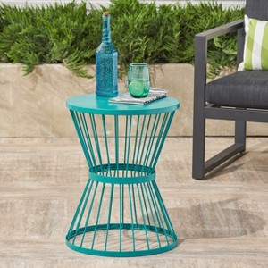 Okak 16" Outdoor/Indoor Side Table Modern Iron End Table Hourglass Open Cage Design Decorative Bistro Table for Patio Garden Yard Deck, Teal - 1 of 4