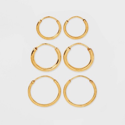 14K Gold Plated Trio Hoop Earring Set 3pc - A New Day™ Gold: Nickel-Free, Polished Finish, Gift Box Included