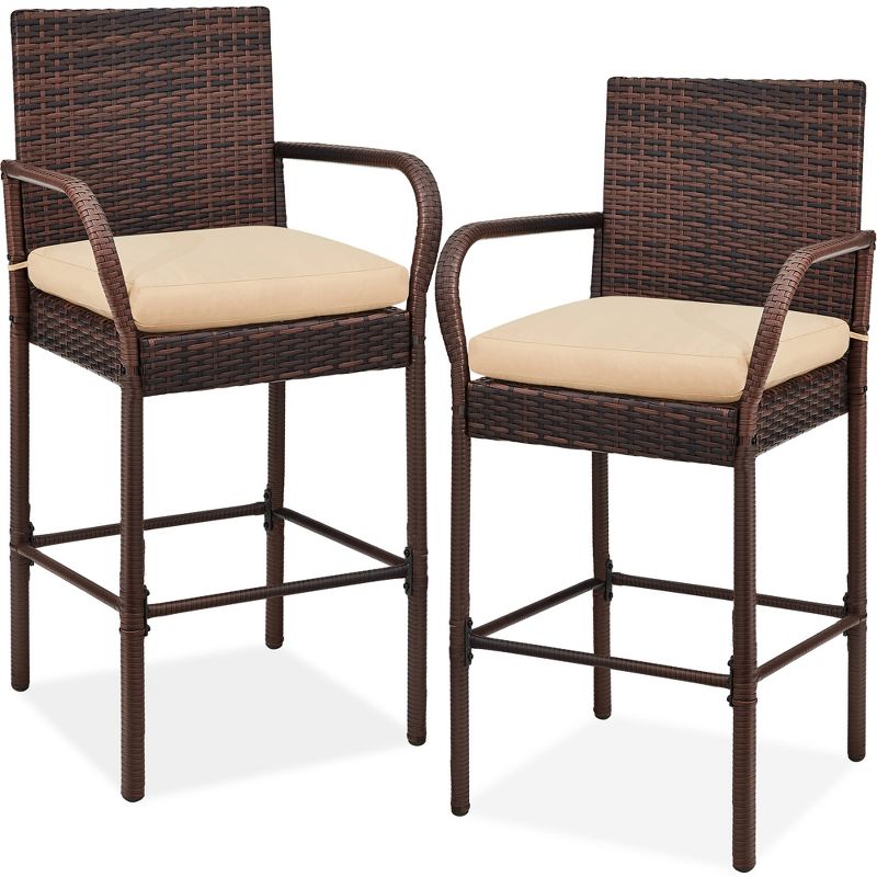 Best Choice Products Set of 2 Wicker Bar Stools w/ Cushion, Footrests, Armrests for Patio, Pool, Deck, 1 of 8