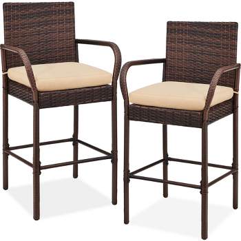 Best Choice Products Set of 2 Wicker Bar Stools w/ Cushion, Footrests, Armrests for Patio, Pool, Deck
