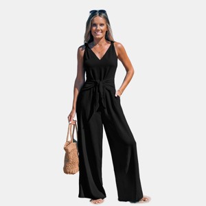 Women's Elegant Navy Blue V-Neck Tie-Front Wide Leg Jumpsuit - Cupshe - 1 of 4