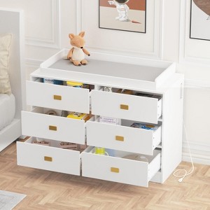 Changing Table Dresser with 6 Drawers, Removable Top & Power Outlets, Baby Nursery Dresser with Soft Changing Pad - 1 of 4