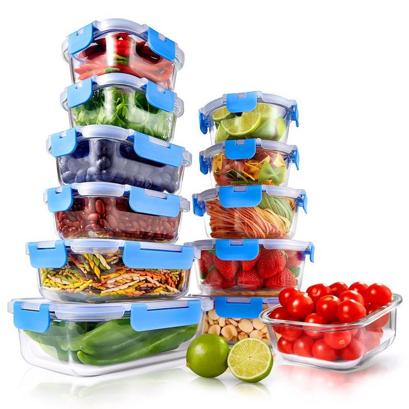 NutriChef 24-Piece Superior Glass Food Storage Containers Set - Stackable Design with Newly Innovated Hinged BPA-free Locking lids (Blue), 1 of 4