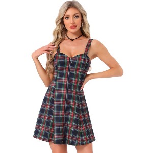 Allegra K Women's Plaid Zipper Front Strap Sleeveless Mini Party A-Line Dress - 1 of 4
