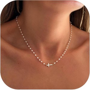 Layered Sideways Cross Necklace 14K Gold Plated Dainty Choker for Women - 1 of 4