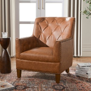 KINWELL 29.5"W Top-Grain Genuine Leather Armchair Tufted Back Barrel Chair - 1 of 4