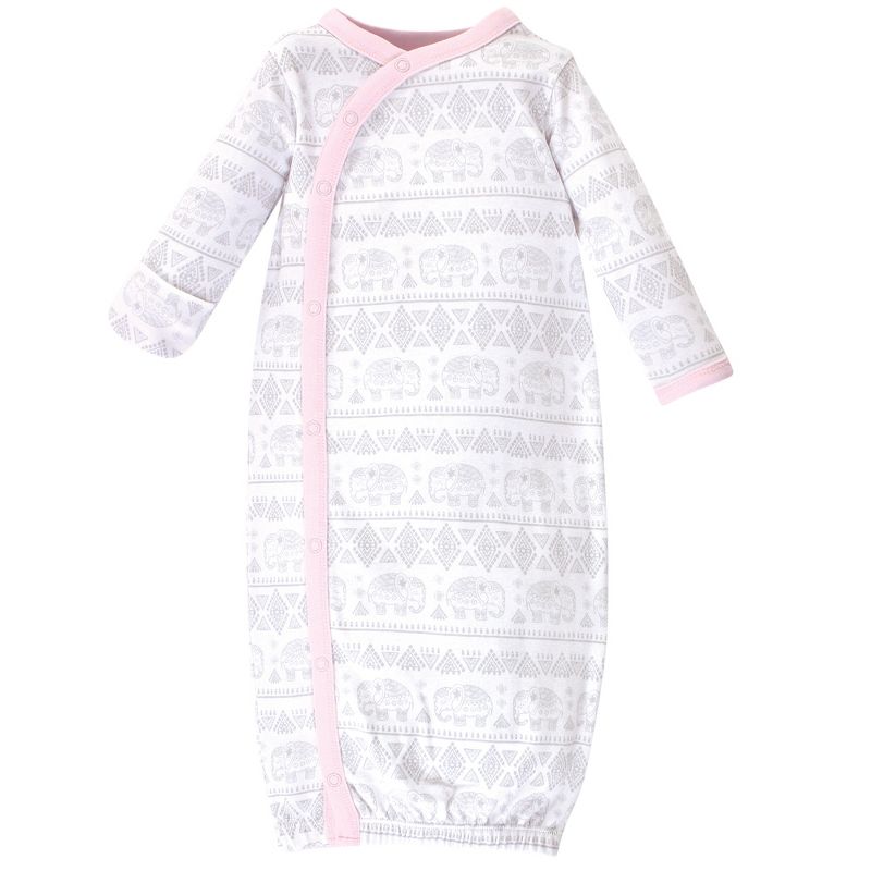 Touched by Nature Baby Girl Organic Cotton Side-Closure Snap Long-Sleeve Gowns 3pk, Pink Gray Elephant, 4 of 5