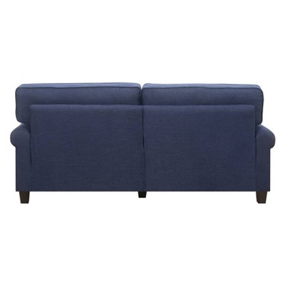 Navy Blue Leather Rolled Arm Sofa with Pillow Back