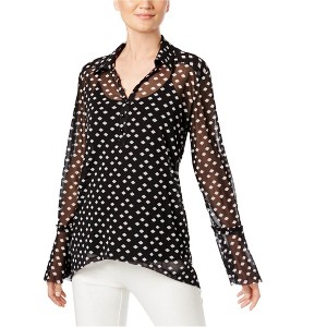 I.N.C International Concepts Womens Gridded Button Up Shirt, Black, Large - 1 of 1