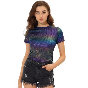 Allegra K Women's Party Metallic Short Sleeve Textured Shiny T-shirts - 1 of 4
