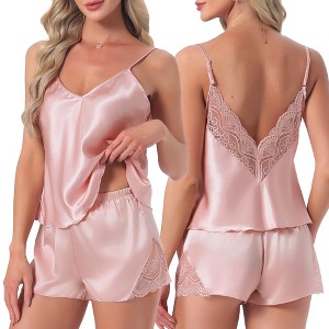 INSPIRE CHIC 2 Pcs Women's Satin Pajamas Silky Soft V-Neck Lace Trim Lingerie Camisole Tops with Shorts Loungewear Set - 1 of 4