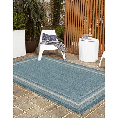 Teal and Beige Synthetic Flat Woven 9' x 12' Outdoor Rug