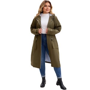 Women's Plus Size Waterproof Drawstring Waist Hooded Zipper Outdoor Long Trench Coats with Pockets - Agnes Orinda - 1 of 4