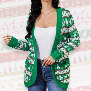 Christmas Cardigan Sweater for Women Long Sleeve Open Front Sweater Jacquard Sweater Knit Ribbed Cuff Cardigan - 1 of 4
