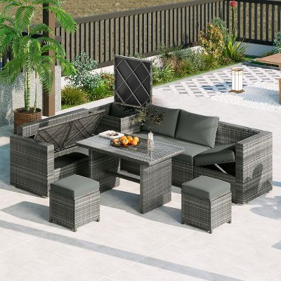 Sapphtopaz 6-Piece Hand-Woven PE Rattan Outdoor Sofa Set, Adjustable 3-Seater Patio Sofa with Storage Box & Glass Table,Outdoor Modular Sectional Sofa