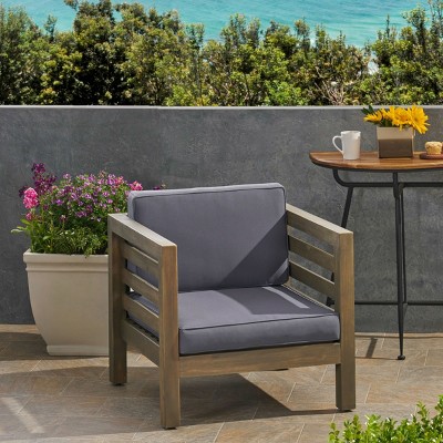 Coolbibila Mid Century Modern Outdoor Wood Club Arm Chair,Slat Design Acacia Wood Lounge Chair,Patio Cushion Side Chair for Pool,Garden