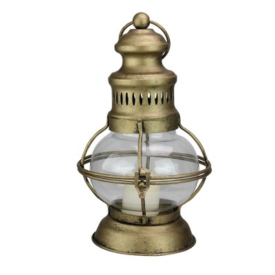 Raz Imports 10” Golden Antique Style Weathered Glass Christmas Candle Lantern