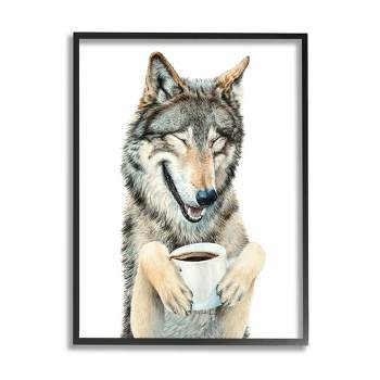 Stupell Industries Laughing Wolf with Coffee Framed Giclee Art