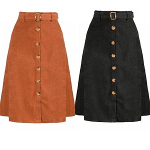 INSPIRE CHIC Women's High Waist Solid Button Front A-Line Belted Corduroy Midi Skirt 2 Packs - 1 of 4
