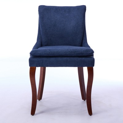 XINGHANZHENXUAN Blue Set of 2 Modern Dining Chairs, Double - Layer Chenille Cushions, Curved Wood Legs