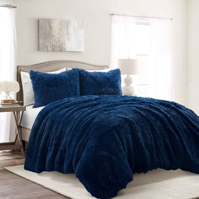 3pc King Emma Faux Fur Comforter Set Navy - Lush Décor