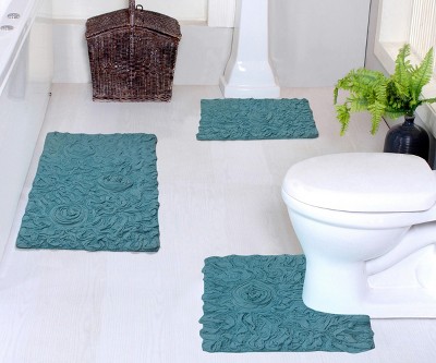 Set Of 3 Bell Flower Collection Blue Cotton Floral Pattern Tufted Bath ...